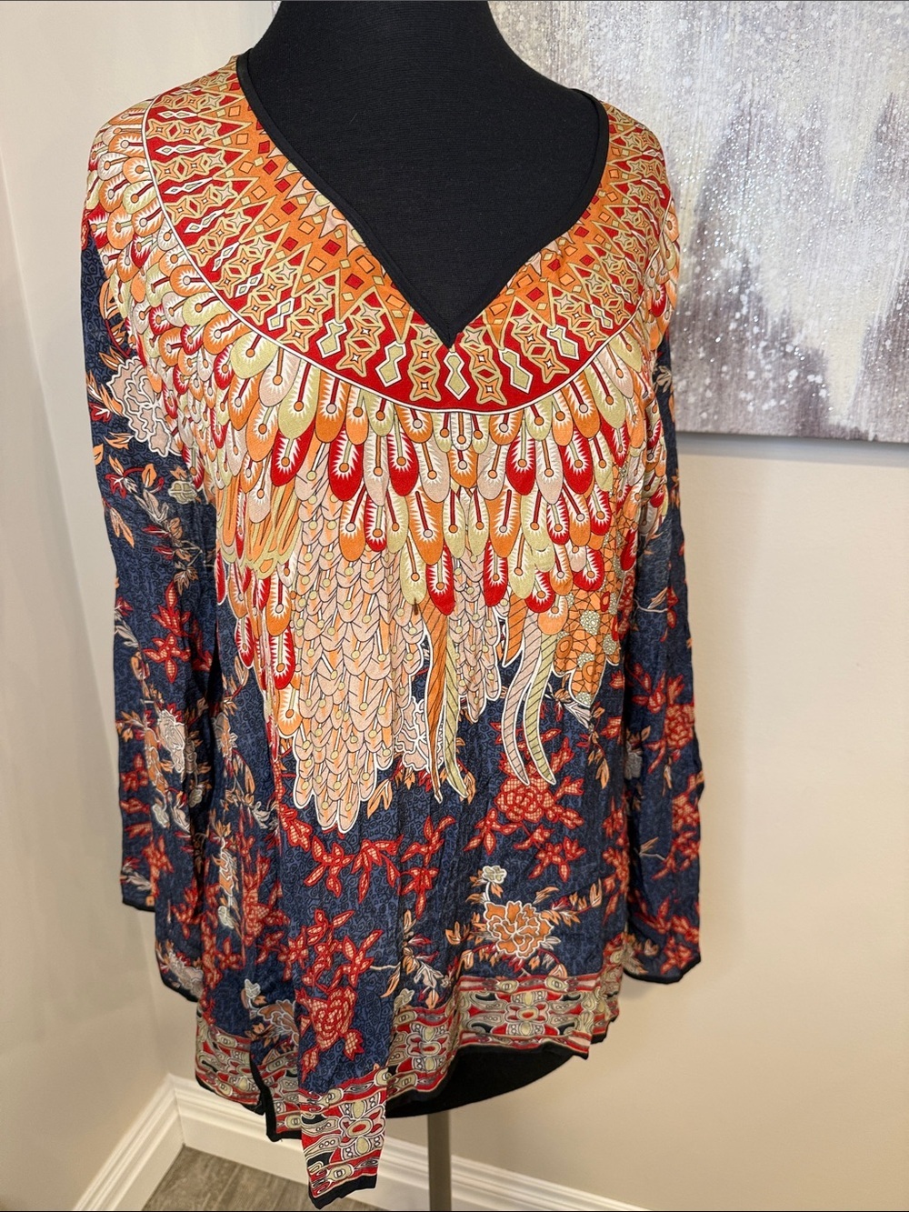 100%  SilkWomen’s Printed V-Neck Tunic Top - Navy, Red & Orange